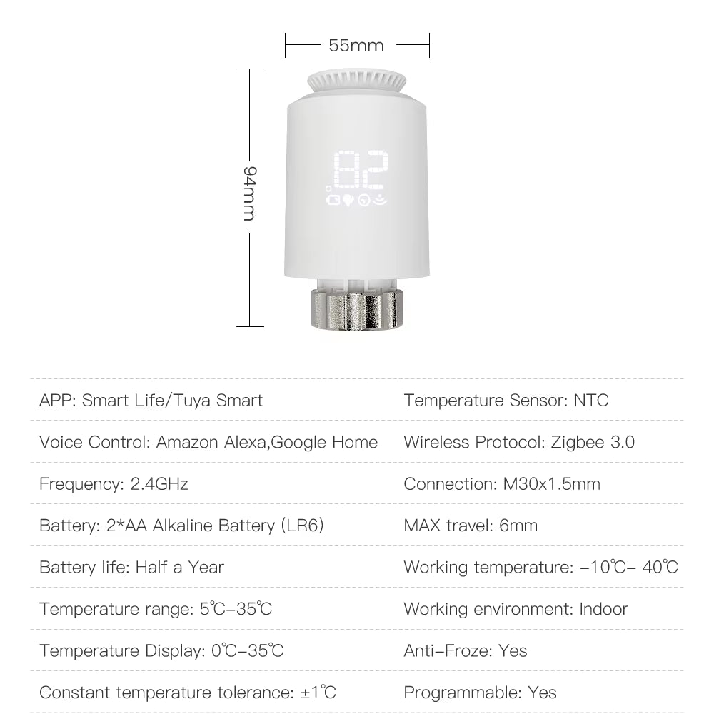 1-6PCS Tuya Zigbee3.0 TRV Radiatoractuator Valve,Smart Programmable Thermostat Temperature Controller，Alexa Google Home